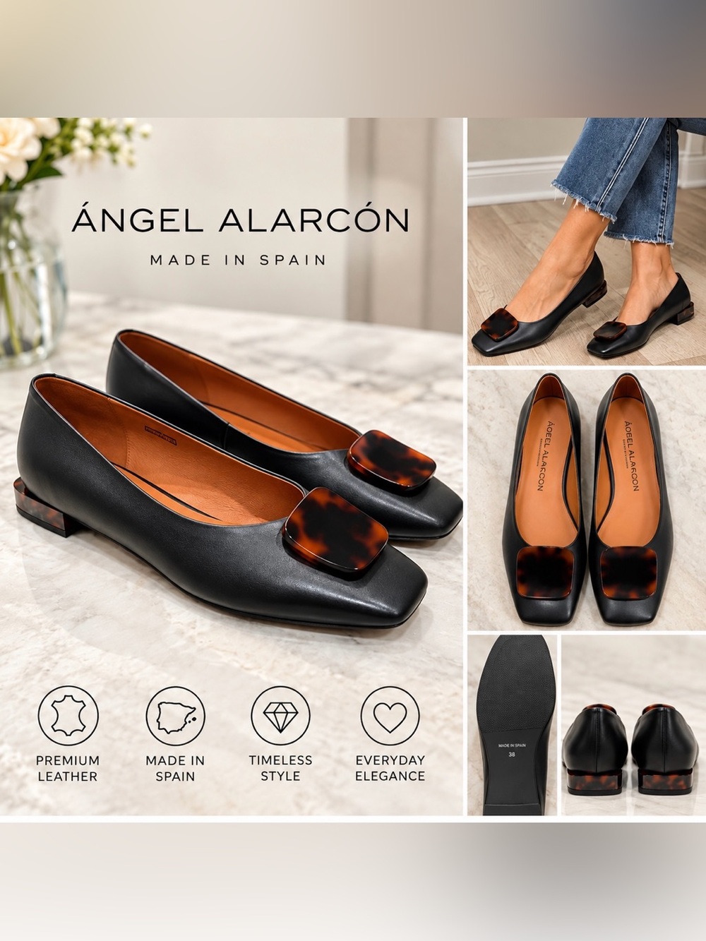 Ángel Alarcón Women’s Black Leather Tortoiseshell Buckle Square Toe Flats 38